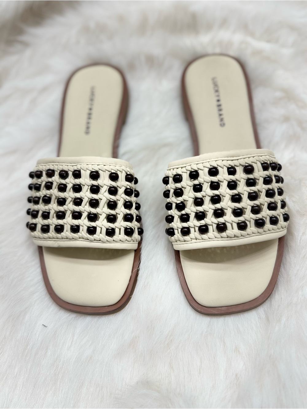 Lucky Brand Cream Slide Sandals with Black Bead Accents